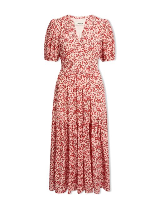 Olive Cotton Blend Midi Dress - Red Mono Floral Print：圖片 6