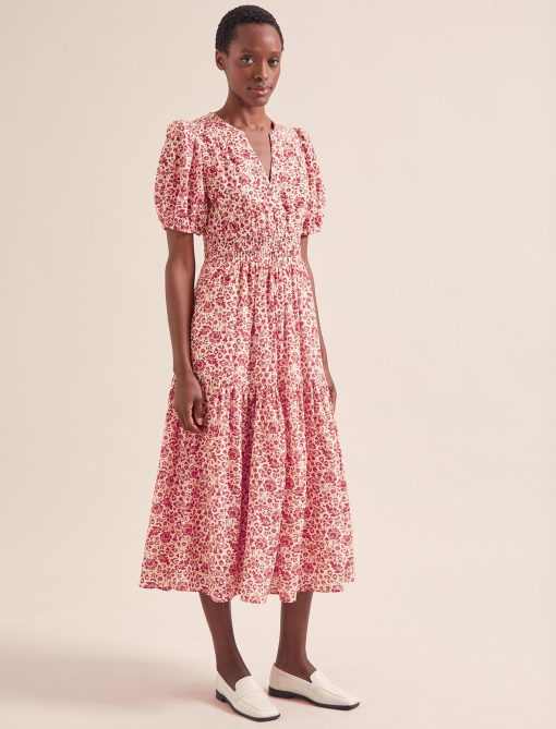 Olive Cotton Blend Midi Dress - Red Mono Floral Print：圖片 3