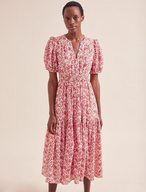 Olive Cotton Blend Midi Dress - Red Mono Floral Print：圖片 4