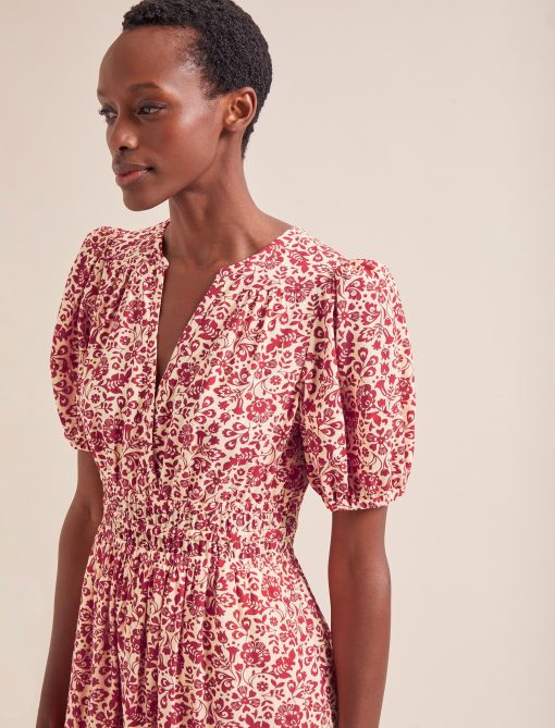 Olive Cotton Blend Midi Dress - Red Mono Floral Print：圖片 2
