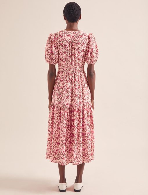 Olive Cotton Blend Midi Dress - Red Mono Floral Print：圖片 5