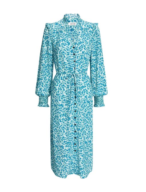 Stella Silk Midi Dress - Blue Green Feather Print：圖片 9