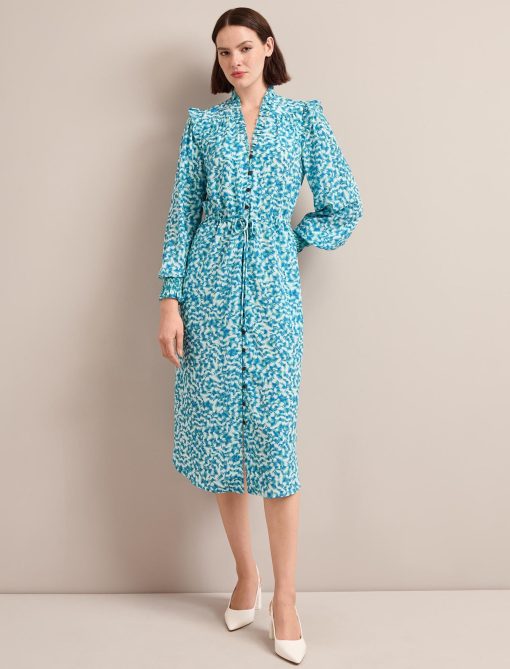 Stella Silk Midi Dress - Blue Green Feather Print：圖片 5