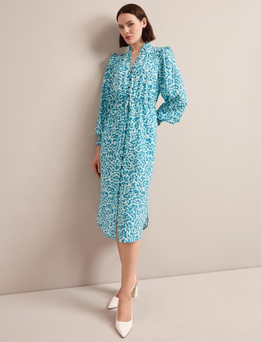 Stella Silk Midi Dress - Blue Green Feather Print：圖片 6