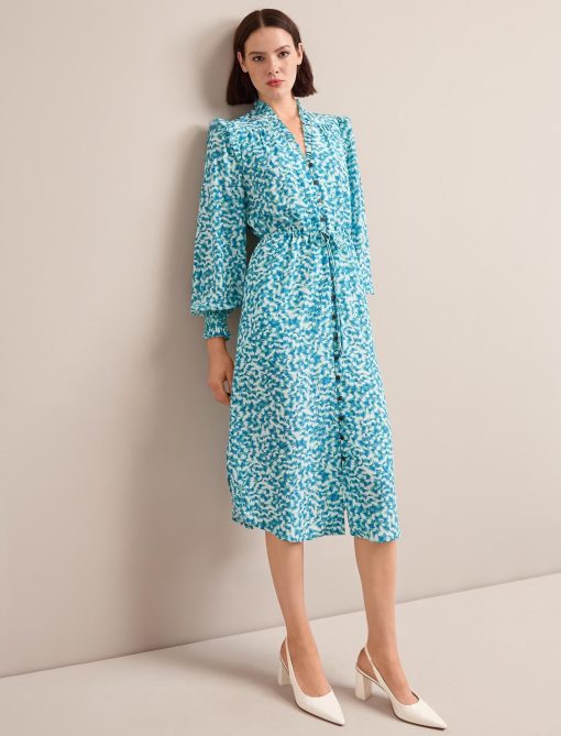 Stella Silk Midi Dress - Blue Green Feather Print：圖片 3