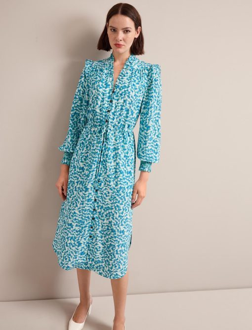 Stella Silk Midi Dress - Blue Green Feather Print：圖片 7