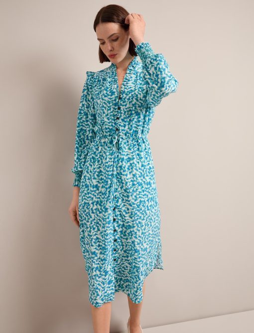 Stella Silk Midi Dress - Blue Green Feather Print：圖片 4