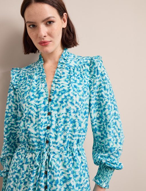 Stella Silk Midi Dress - Blue Green Feather Print：圖片 2