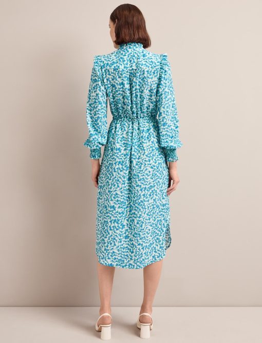 Stella Silk Midi Dress - Blue Green Feather Print：圖片 8