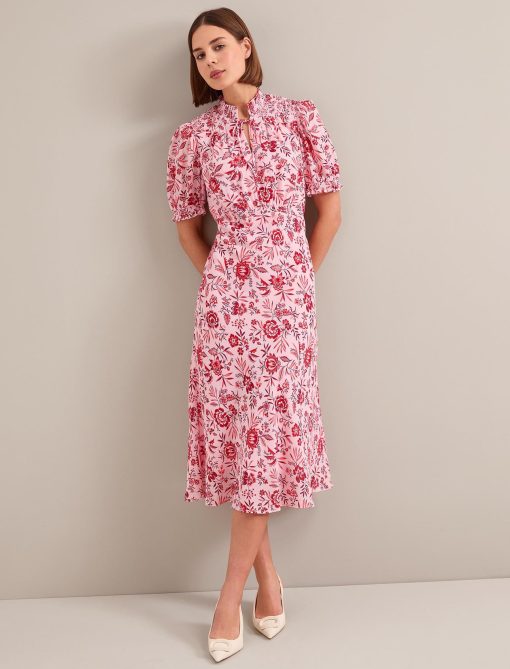 Irina Cotton Blend Midi Dress - Pink Palm Floral Print：圖片 5