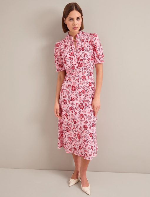 Irina Cotton Blend Midi Dress - Pink Palm Floral Print：圖片 3