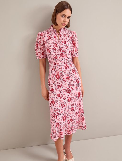 Irina Cotton Blend Midi Dress - Pink Palm Floral Print：圖片 6
