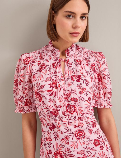 Irina Cotton Blend Midi Dress - Pink Palm Floral Print：圖片 4