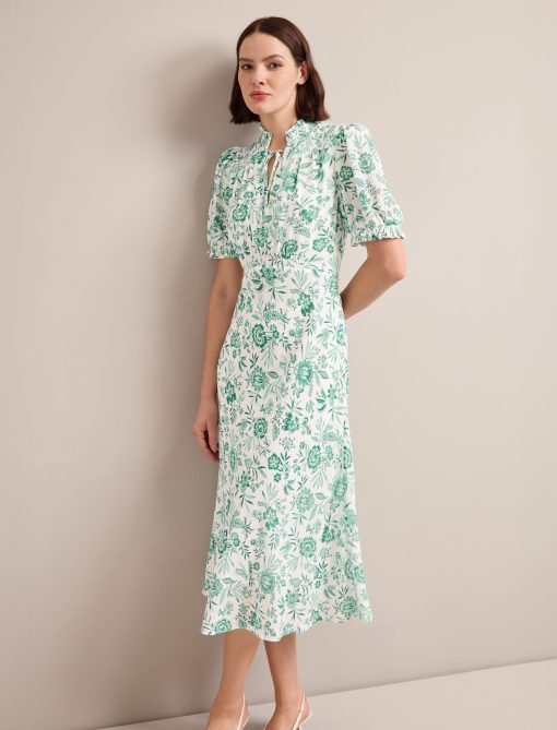Irina Cotton Blend Midi Dress - Green Palm Floral Print：圖片 2