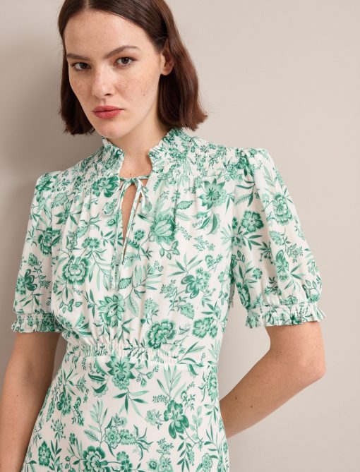 Irina Cotton Blend Midi Dress - Green Palm Floral Print：圖片 3