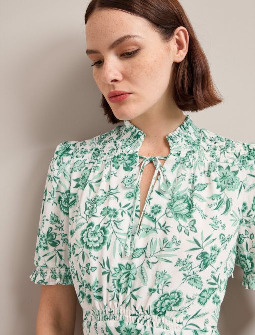 Irina Cotton Blend Midi Dress - Green Palm Floral Print：圖片 4