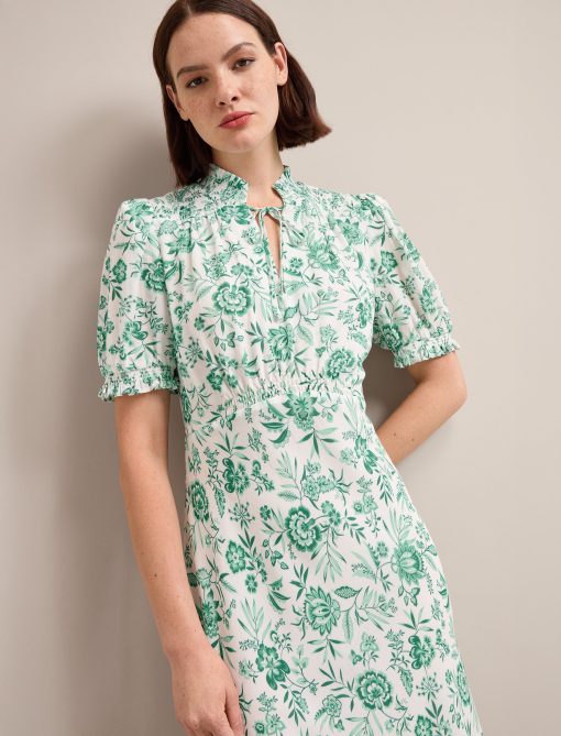 Irina Cotton Blend Midi Dress - Green Palm Floral Print：圖片 5
