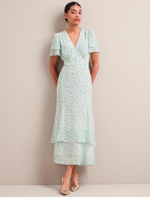 Lotta Gold Metallic Fil Coupé Maxi Dress - Green Yellow Trailing Feather Print：圖片 3