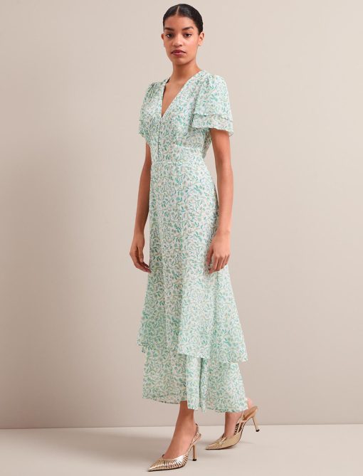 Lotta Gold Metallic Fil Coupé Maxi Dress - Green Yellow Trailing Feather Print：圖片 9