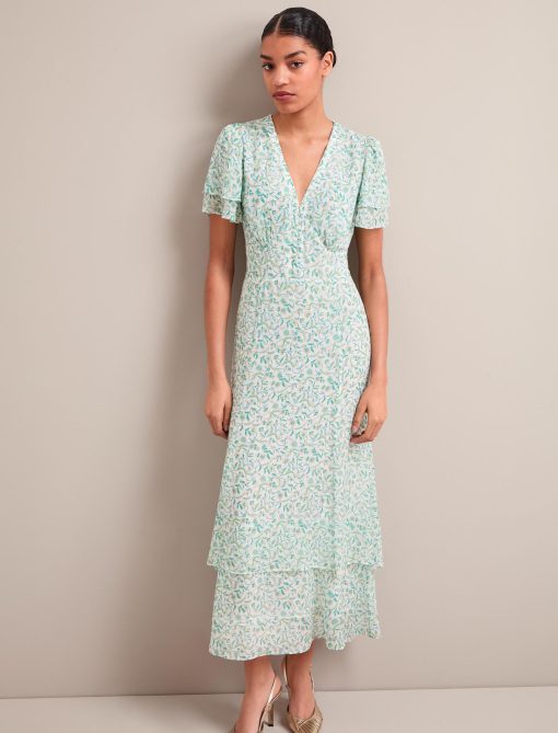 Lotta Gold Metallic Fil Coupé Maxi Dress - Green Yellow Trailing Feather Print：圖片 7