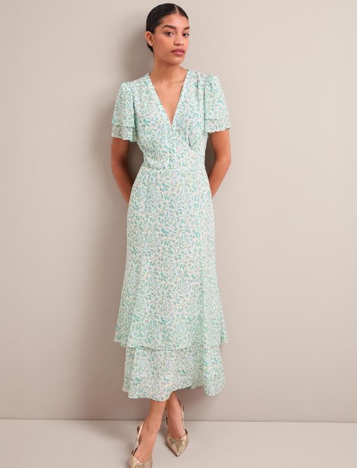 Lotta Gold Metallic Fil Coupé Maxi Dress - Green Yellow Trailing Feather Print：圖片 6