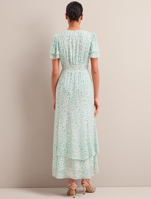 Lotta Gold Metallic Fil Coupé Maxi Dress - Green Yellow Trailing Feather Print：圖片 10