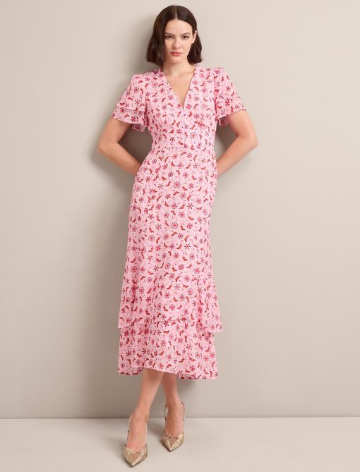Lotta Gold Metallic Fil Coupé Maxi Dress - Pink Floral Trellis Print：圖片 4