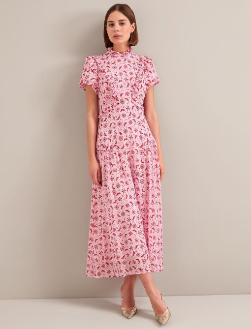 Mirabel Gold Metallic Fil Coupé Maxi Dress - Pink Floral Trellis Print：圖片 2