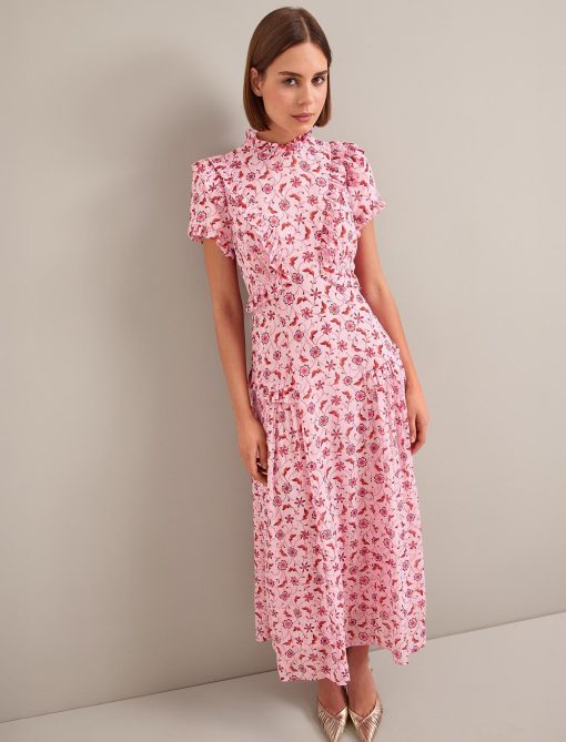 Mirabel Gold Metallic Fil Coupé Maxi Dress - Pink Floral Trellis Print：圖片 6