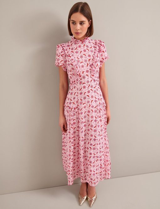 Mirabel Gold Metallic Fil Coupé Maxi Dress - Pink Floral Trellis Print：圖片 7