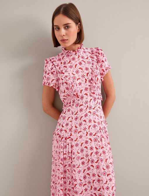 Mirabel Gold Metallic Fil Coupé Maxi Dress - Pink Floral Trellis Print：圖片 9