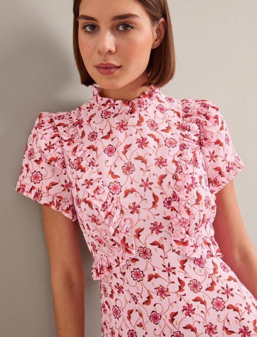 Mirabel Gold Metallic Fil Coupé Maxi Dress - Pink Floral Trellis Print：圖片 8