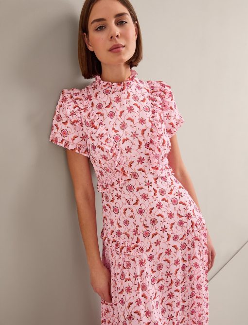 Mirabel Gold Metallic Fil Coupé Maxi Dress - Pink Floral Trellis Print：圖片 3