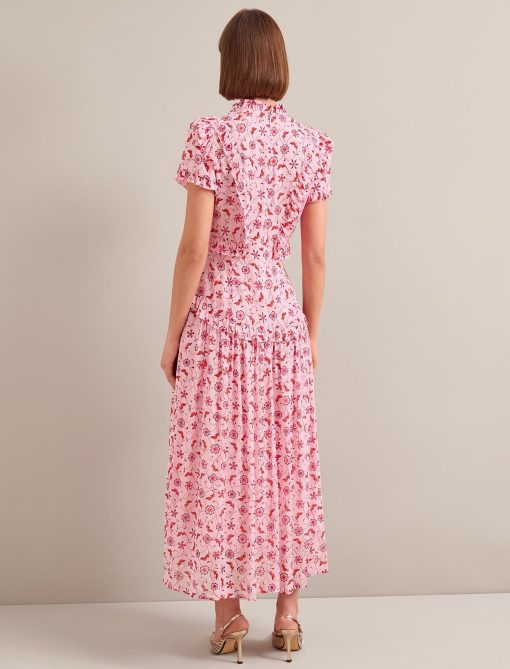 Mirabel Gold Metallic Fil Coupé Maxi Dress - Pink Floral Trellis Print：圖片 10