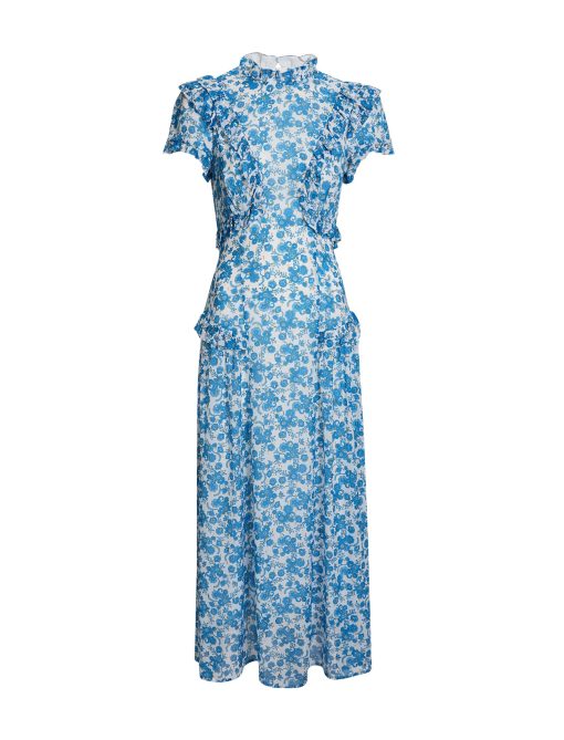 Mirabel Gold Metallic Fil Coupé Maxi Dress - White Blue Paisley Print：圖片 11