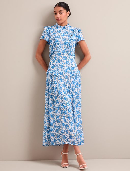Mirabel Gold Metallic Fil Coupé Maxi Dress - White Blue Paisley Print：圖片 4