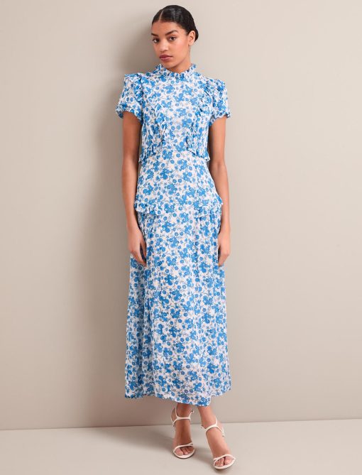 Mirabel Gold Metallic Fil Coupé Maxi Dress - White Blue Paisley Print：圖片 7