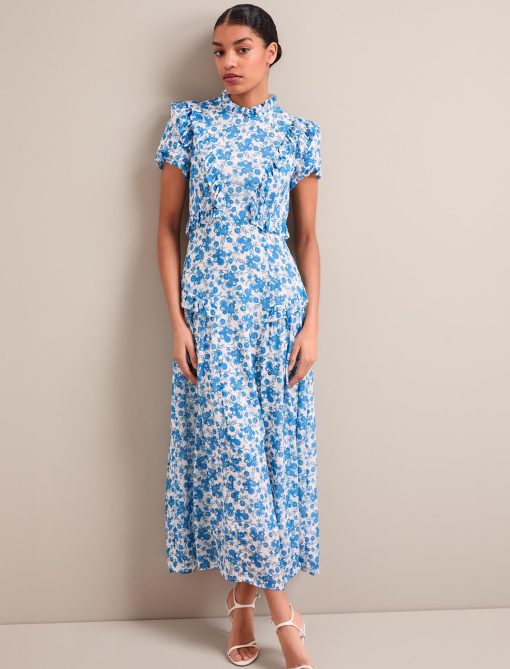 Mirabel Gold Metallic Fil Coupé Maxi Dress - White Blue Paisley Print：圖片 9