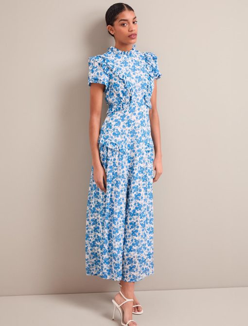 Mirabel Gold Metallic Fil Coupé Maxi Dress - White Blue Paisley Print：圖片 5