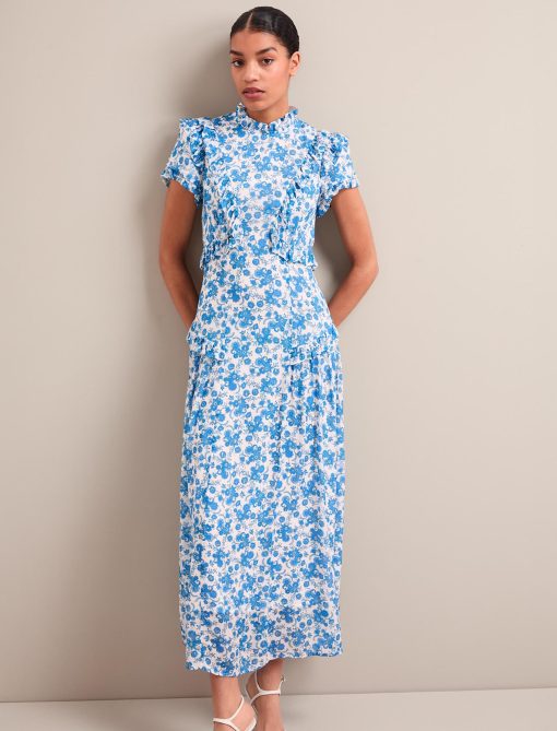 Mirabel Gold Metallic Fil Coupé Maxi Dress - White Blue Paisley Print：圖片 6