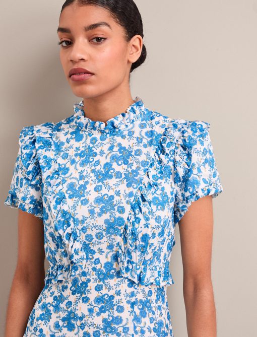 Mirabel Gold Metallic Fil Coupé Maxi Dress - White Blue Paisley Print：圖片 2