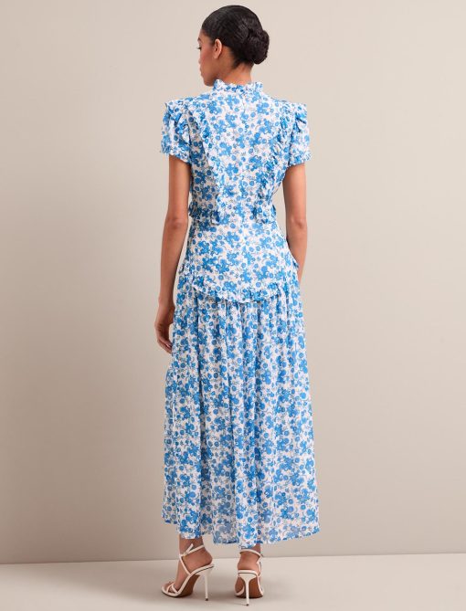 Mirabel Gold Metallic Fil Coupé Maxi Dress - White Blue Paisley Print：圖片 10