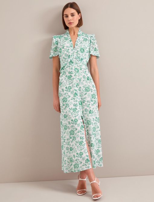 Liliana Cotton Blend Maxi Dress - Green Palm Floral Print：圖片 5