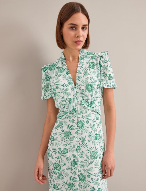 Liliana Cotton Blend Maxi Dress - Green Palm Floral Print：圖片 2
