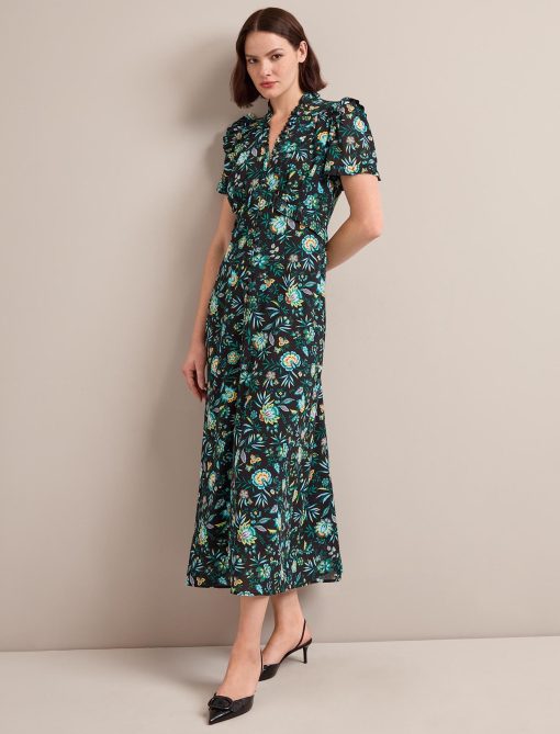 Liliana Cotton Blend Maxi Dress - Black Palm Floral Print：圖片 3