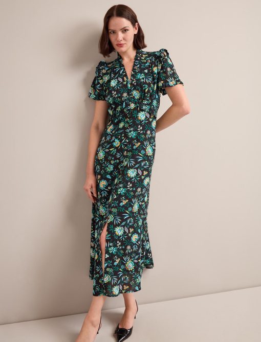 Liliana Cotton Blend Maxi Dress - Black Palm Floral Print：圖片 5