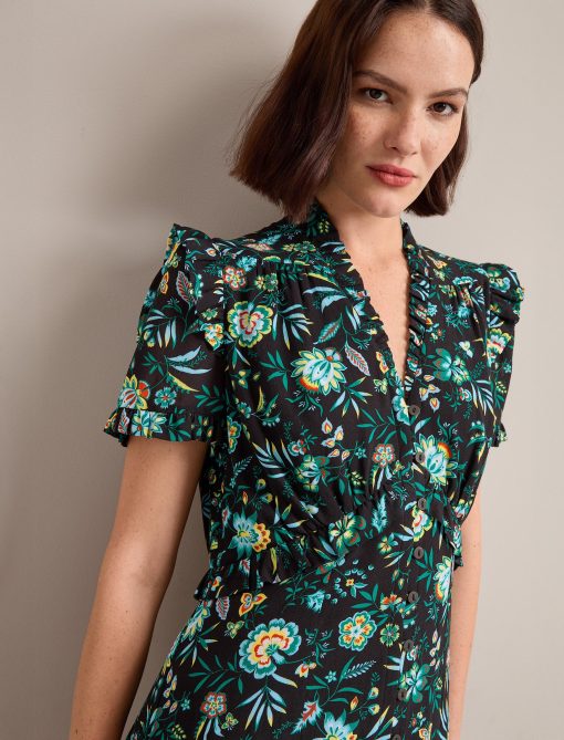 Liliana Cotton Blend Maxi Dress - Black Palm Floral Print：圖片 4