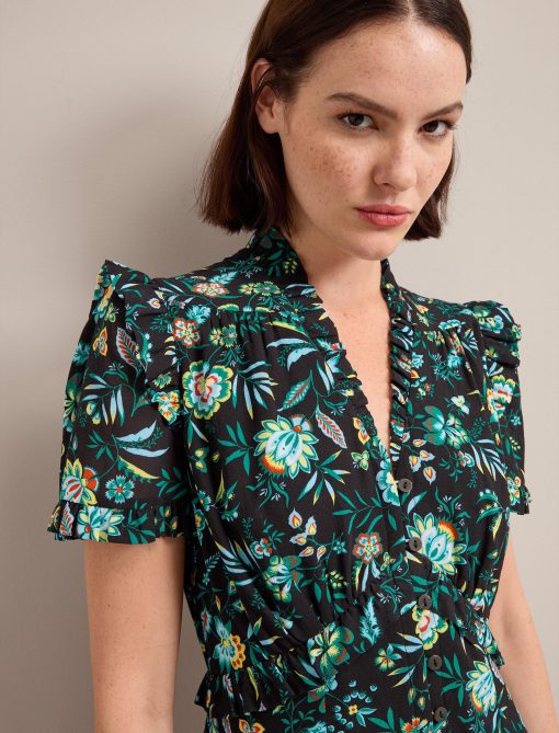 Liliana Cotton Blend Maxi Dress - Black Palm Floral Print：圖片 2