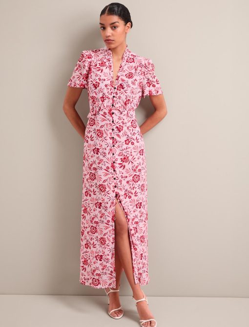 Liliana Cotton Blend Maxi Dress - Pink Palm Floral Print：圖片 5
