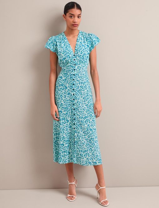 Leila Silk Maxi Dress - Blue Green Feather Print：圖片 9